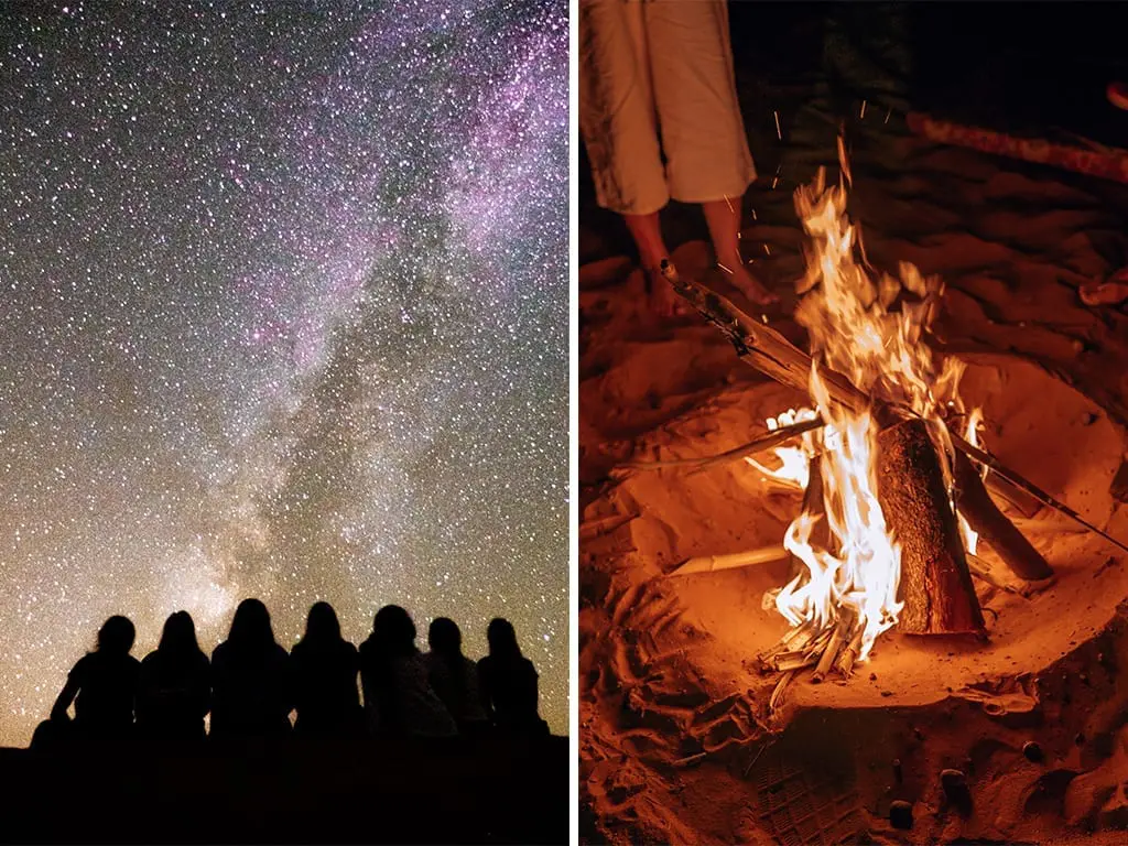 Campfire in Sahara desert camping